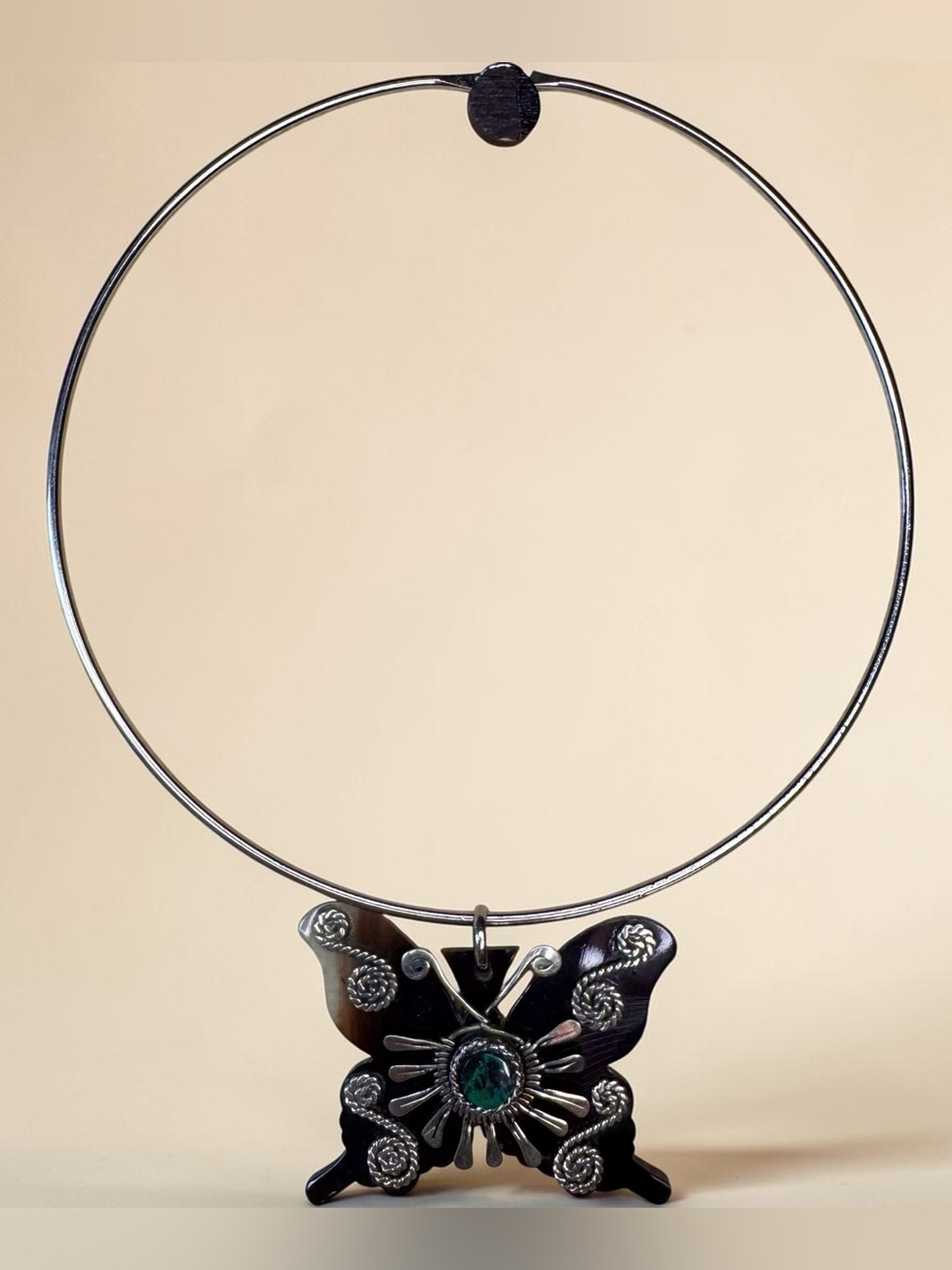 Silver Tone Butterfly Pendant Necklace with Malachite Center
